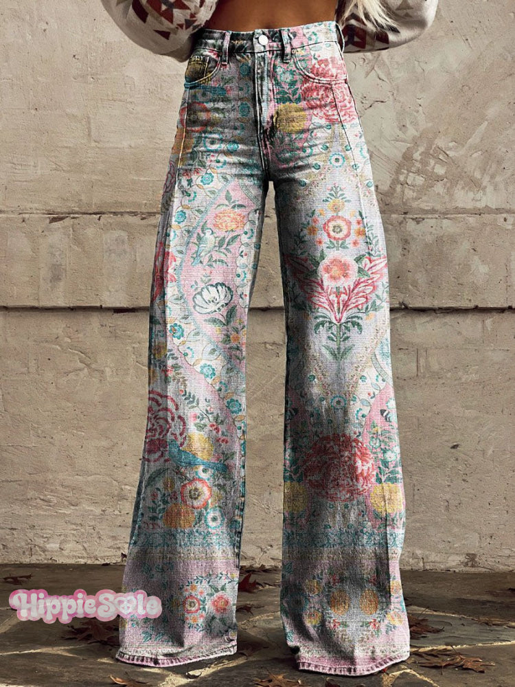 Women’s Floral Patchwork Art Print Casual Wide-Leg Pants Multicolor / Xs