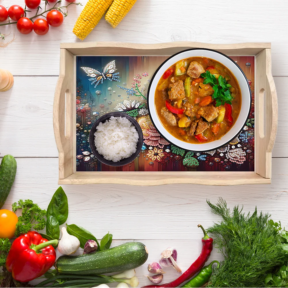 5D DIY Flower Butterfly Diamond Painting Wooden Serving Tray with Handle for Desk