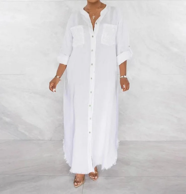 Casual Loose Long Sleeve Button Shirt Long Dress