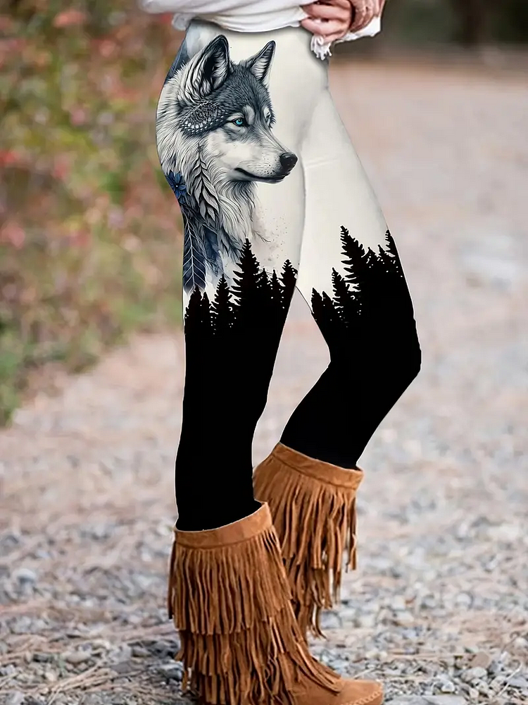 Wolf & Forest Print Skinny Leggings