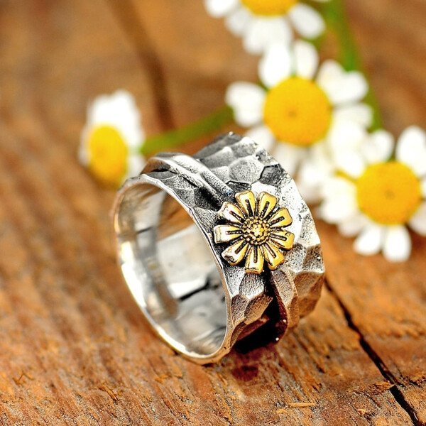 Bird Flower Wide Band Silver Ring.