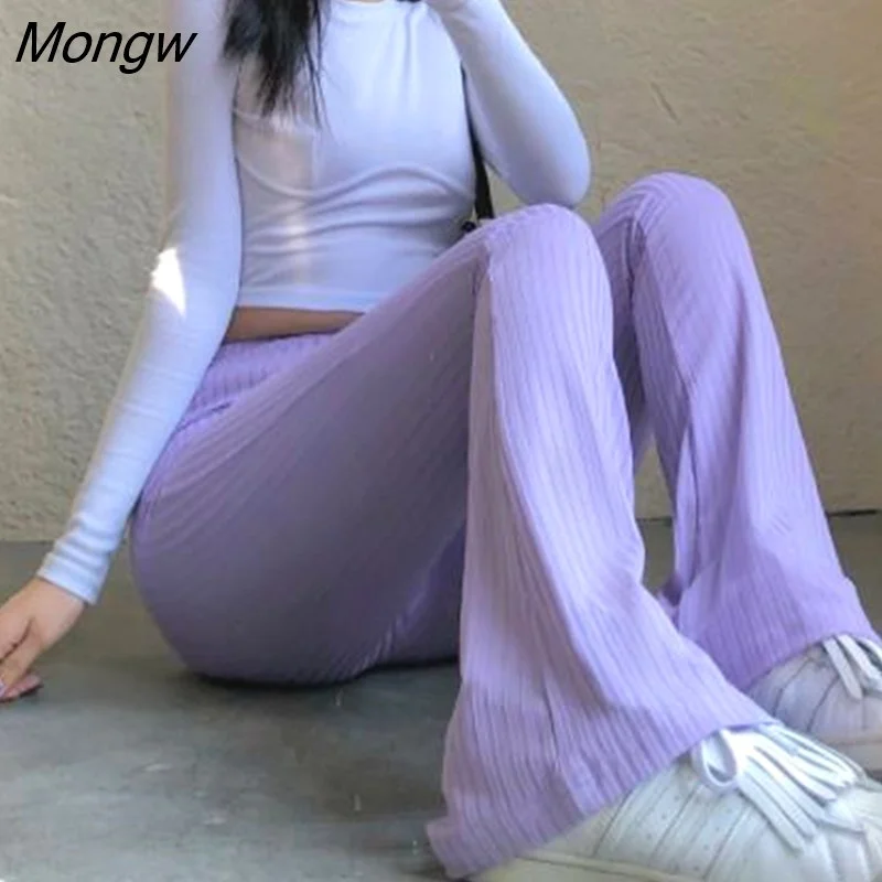 Mongw Summer Elegant Slim Knitted Ribbed Flare Pants Casual High Waist Trousers Vintage Bottoms Laides Purple Sweatpants