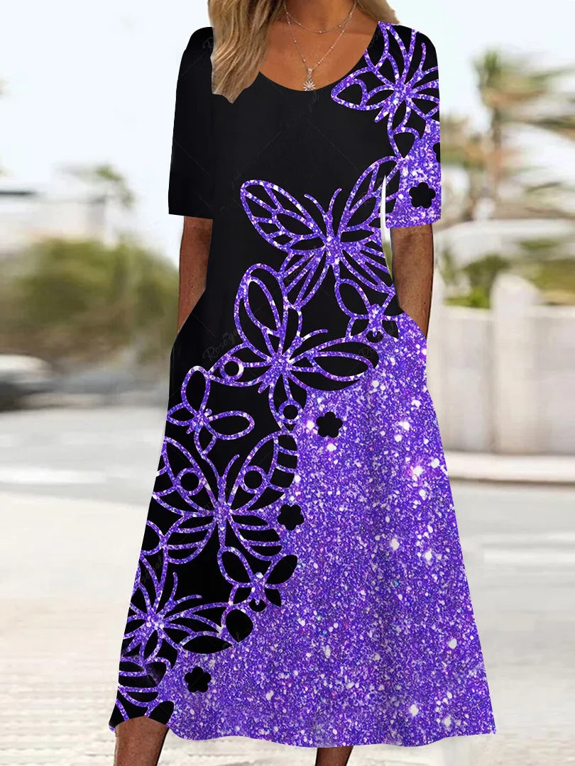 Women's Half Sleeve Scoop Neck Graphic Floral Printed Pockets Midi Dress