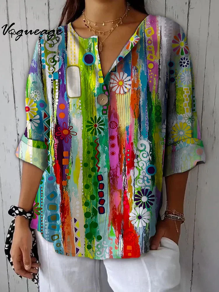 Bright Colourful Vertical Stripes And Daisies Printed Cotton And Linen Shirt