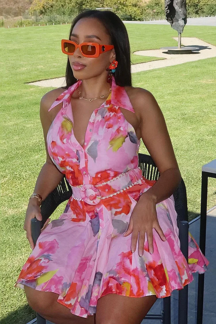 Lapel Collar Backless Print Vacation A-Line Mini Dresses-Pink [Pre Order]