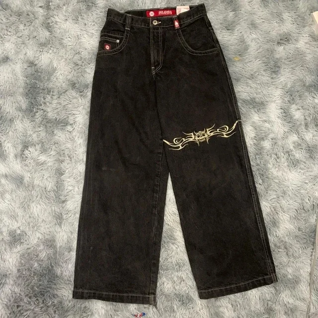 Megaarcadee Hip Hop Gothic Jeans Streetwear Retro Flame Skull Pattern Embroidered Loose Harajuku Jeans Men Women Wide Pants Trousers
