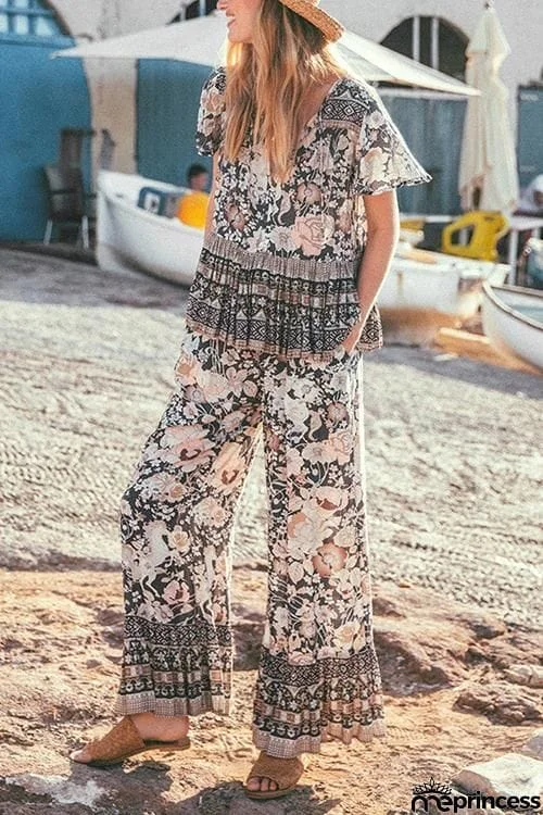 Bohemia Print V Neck Pants Set