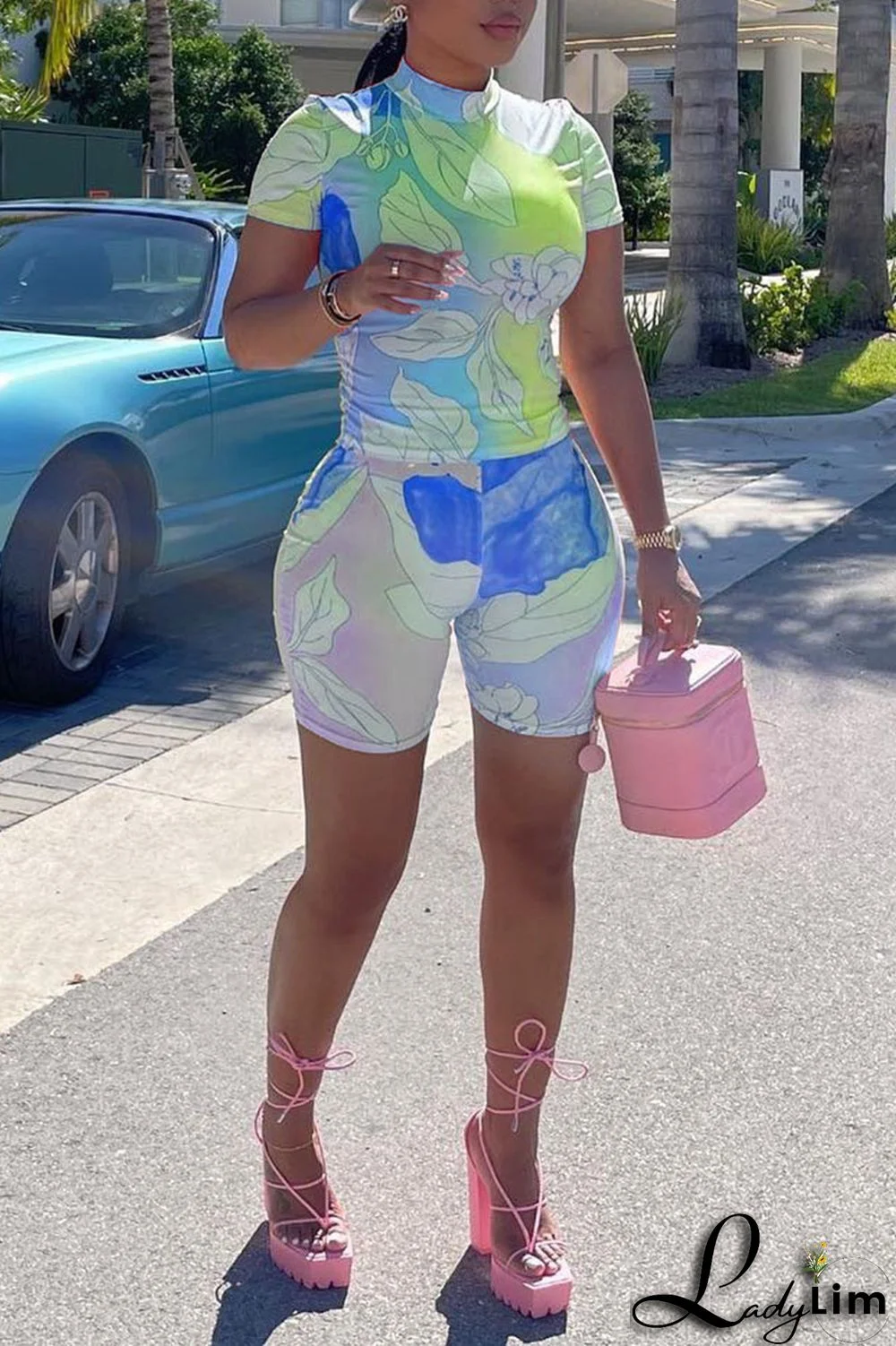 Blue Sexy Print Split Joint O Neck Short Sleeve Two Pieces