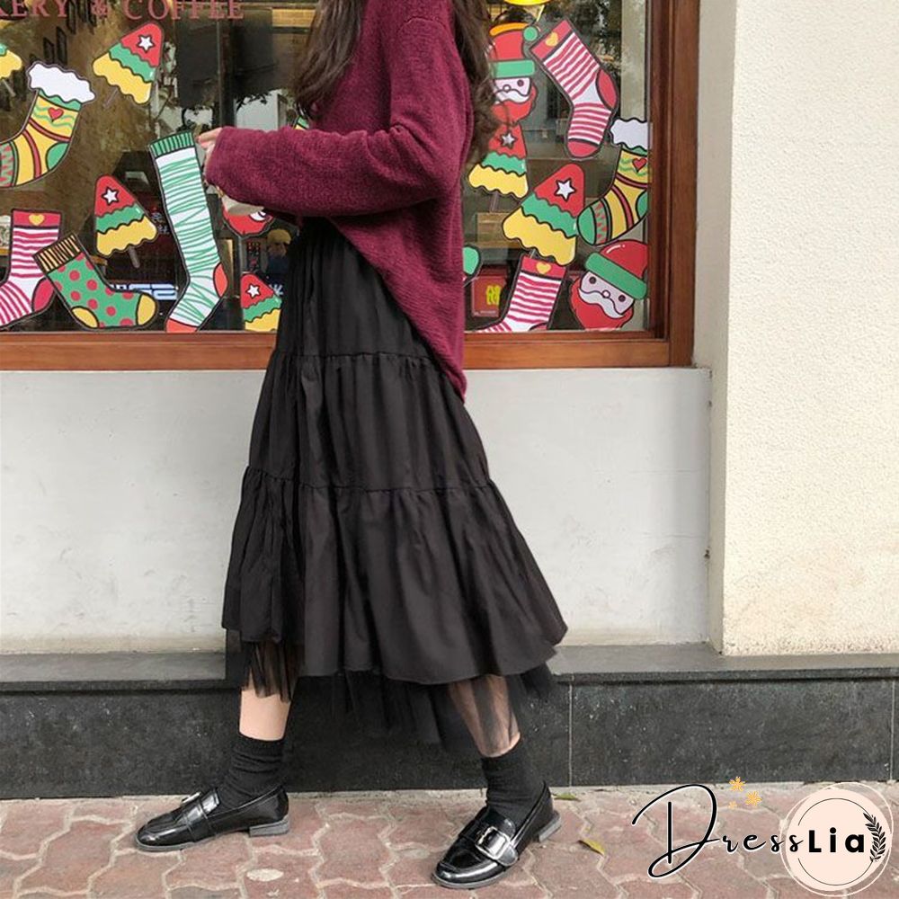 Long Tulle Midi Skirts Womens Autumn Elastic High Waist Mesh Tutu Pleated Skirts Female Black White Long Skirt Streetwear