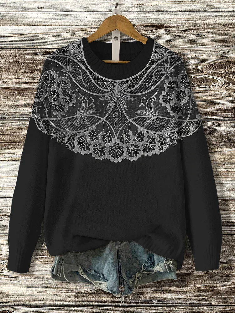 Women's Lace Pattern Print Knit Sweatshirt