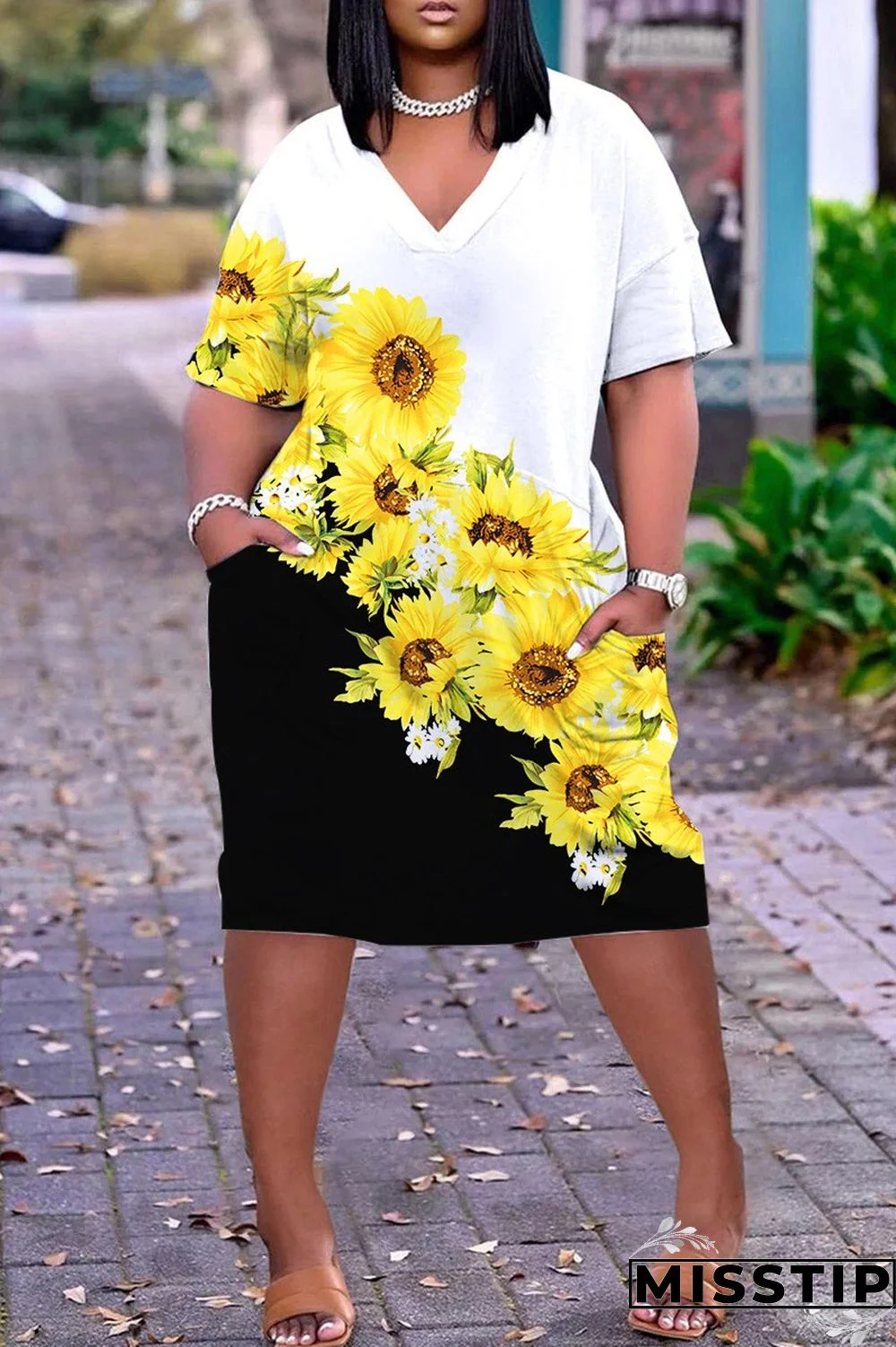 Coffee Casual Print Patchwork V Neck Short Sleeve Dress