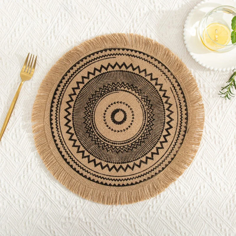 INS Jute Round Placemats Boho Tassels Table Mats Heat Insulation Pads Coffee Cup Mat Rustic Farmhouse Kitchen Decor Photo Props