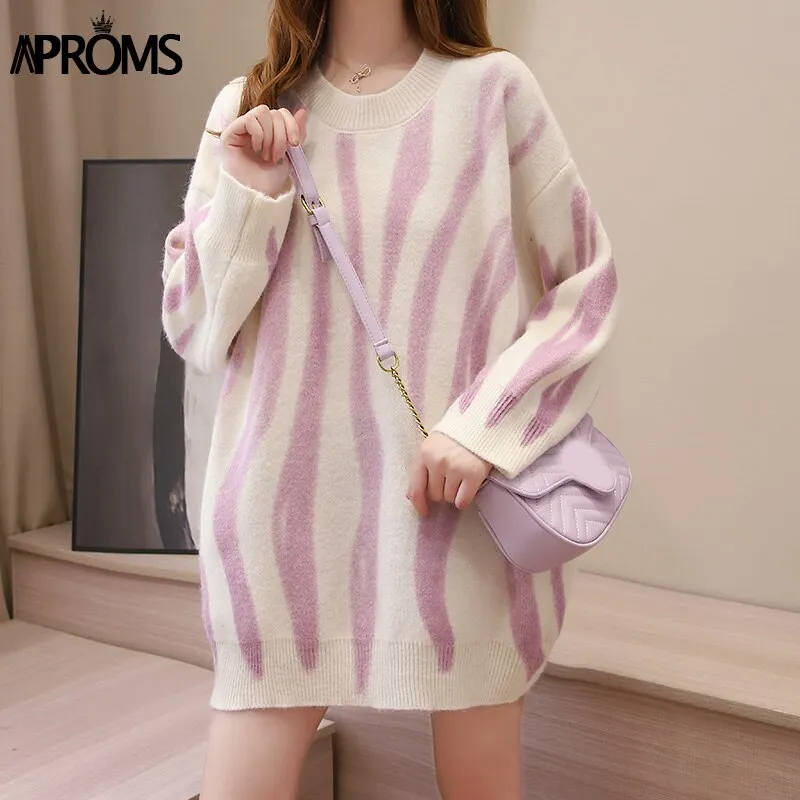 Aproms Elegant Green Striped Print Oversized Pullovers Women Winter O-Neck Loose Long Sweaters Streetwear Warm Outerwear 2021