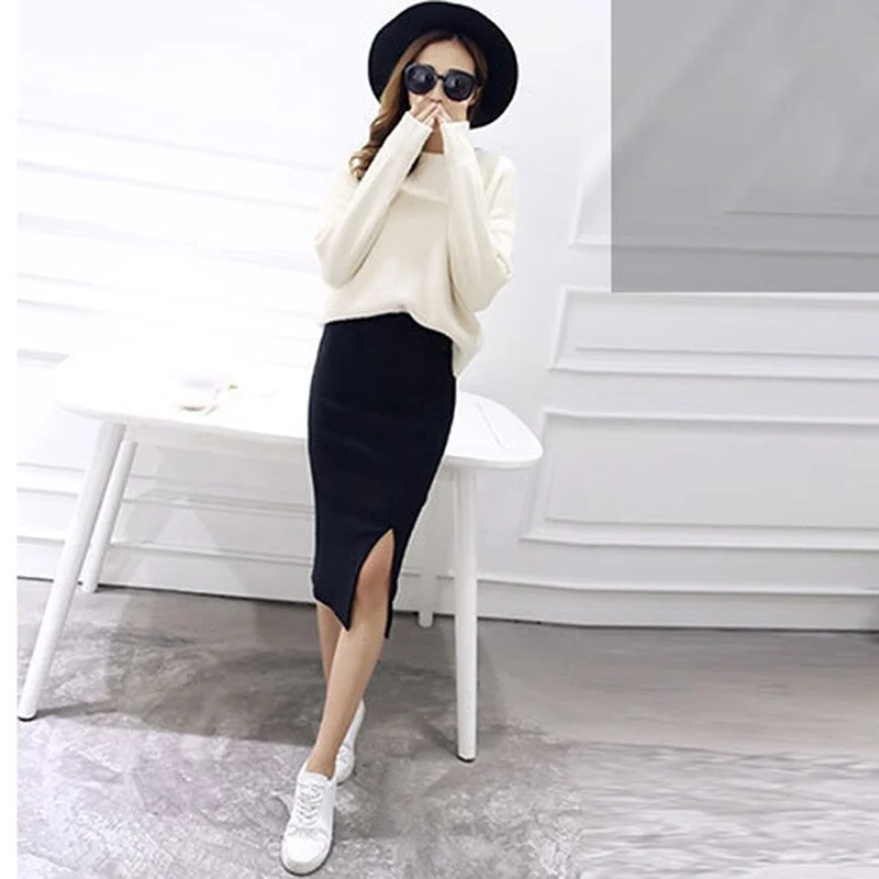 Skirts Women fashion Chic Pencil Skirts Wool Rib Knit Long Skirt Package Hip Split Waist Midi Skir Maxi Faldas Mujer Moda 203