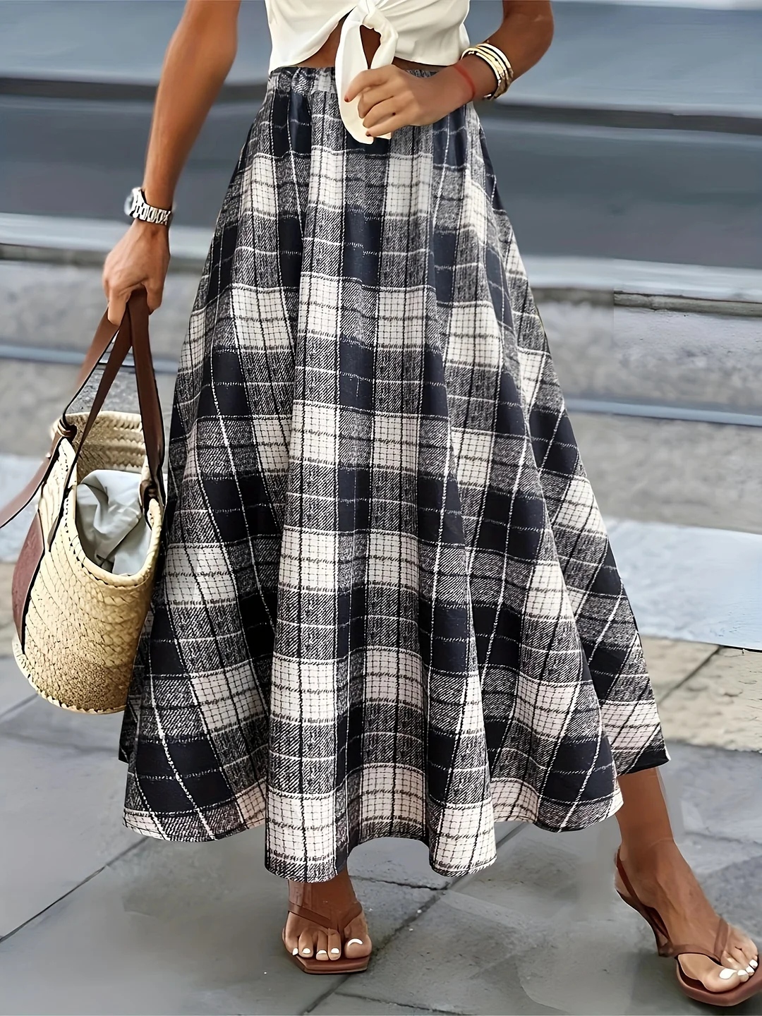 Elegant Women's All-Season Plaid Beach Skirt Dress - Black & White Grid Pattern, Machine Washable Non-Stretch Fabric For Casual & Formal Occasions, Dresses For Beach, Summer Outfit, Durable Fabric | IFYHOME