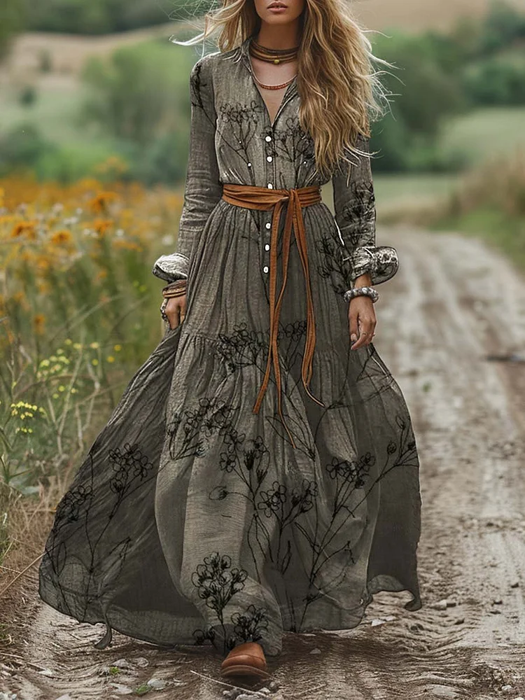 Women's Vintage Shirt Collar Positioning Print Long Sleeve Dress Pocket Cotton Dress