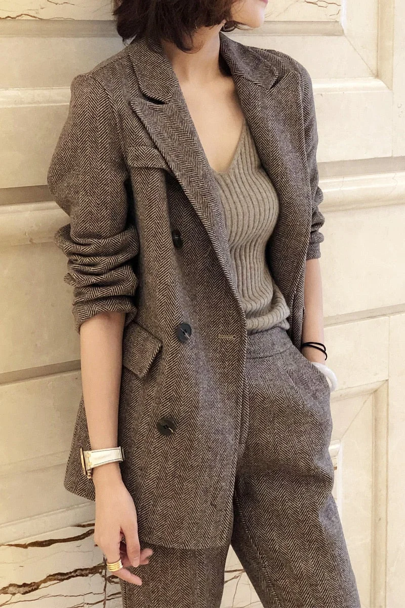 huibahe Winter Woolen Blended 2 Piece Pant Suit Set Women Long Sleeve Blazer & Suit Pant Workwear Office Ladies 2 Piece Pant Sets