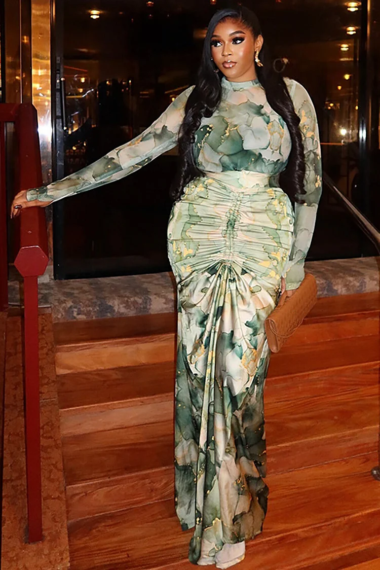Floral Print Long Sleeve Top Ruched Bodycon Maxi Skirt 2pcs Set-Green