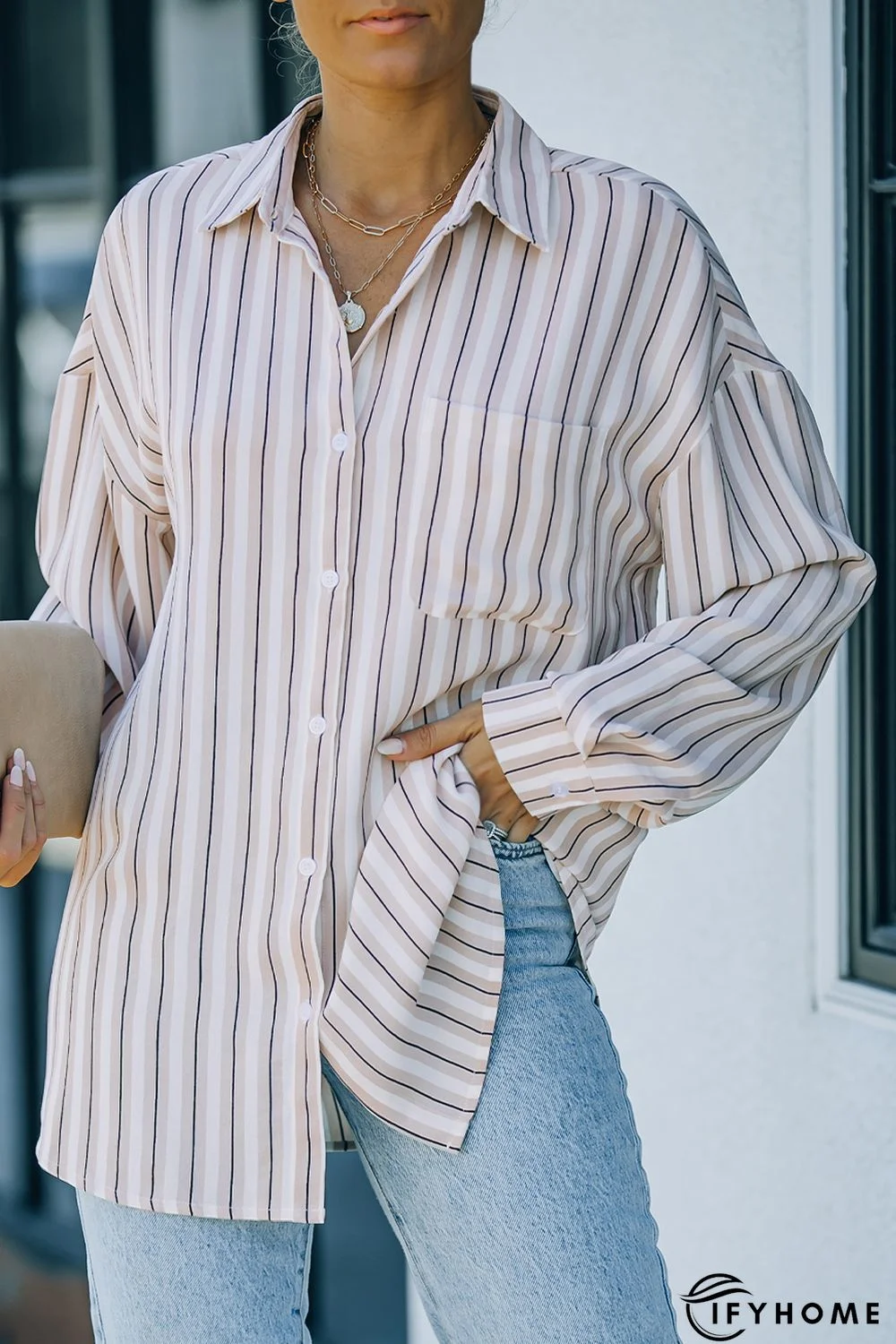 Khaki Striped Buttons Closure Long Sleeve Shirt | IFYHOME