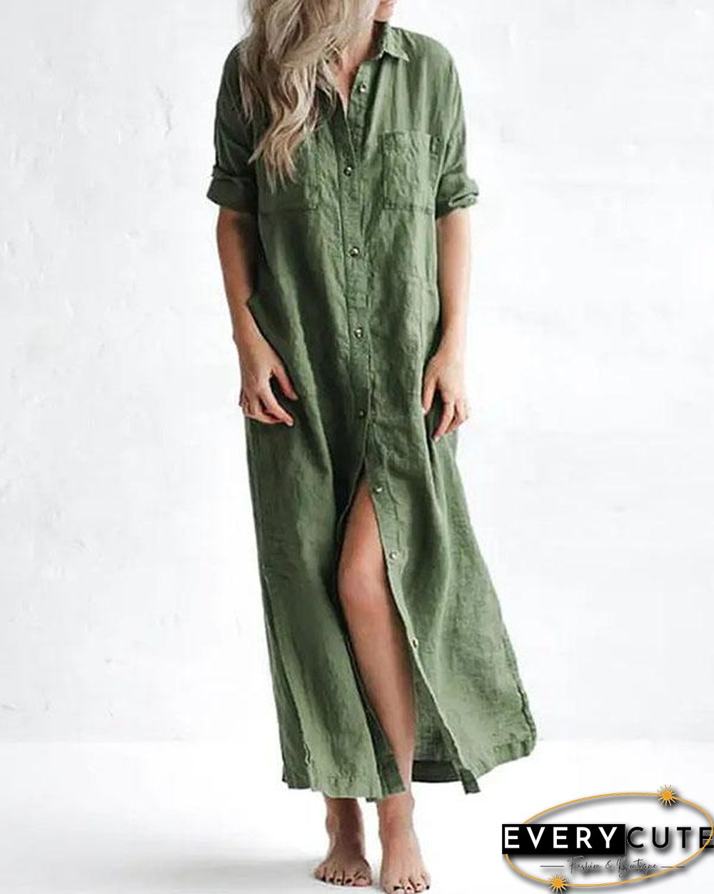Casual Green Solid Linen Button up Shirt Dresses