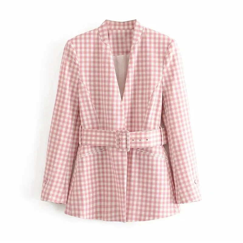 Fashion Plaid Blazer Women V Neck Pink Blazers With Belt Long Sleeve Hidden Breasted Casual Coat Female Ropa De Mujer