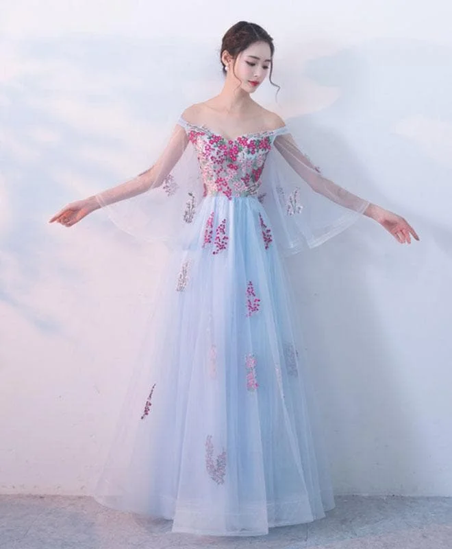 Light Blue V Neck Tulle Lace Long Prom Dress, Evening Dress