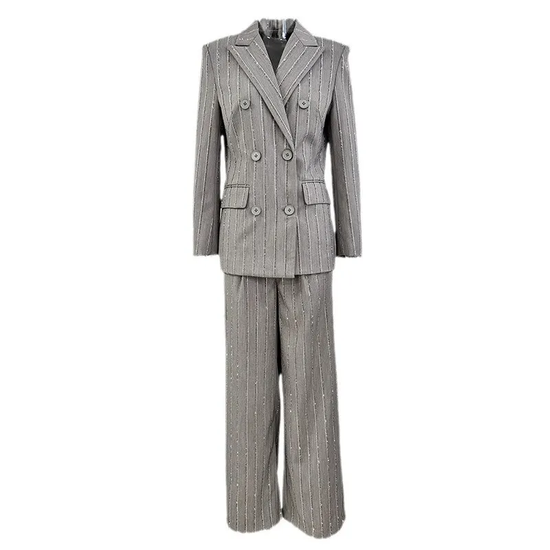 Nigikala Nigikala Early Spring New High-Grade Gray Heavyweight Hot Diamond Double Buckle Suit Trousers Set Two Sets
