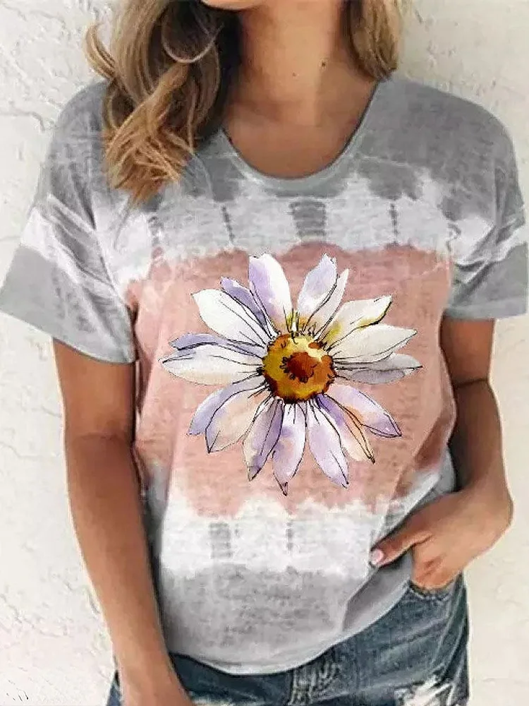 Round Neck Casual Loose Sunflower Print Short Sleeve T-shirt