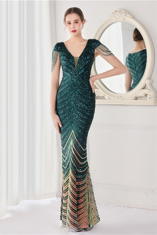 Fabulous Cap Sleeves V-Neck Evening Dress Mermaid Sequins Online - lulusllly