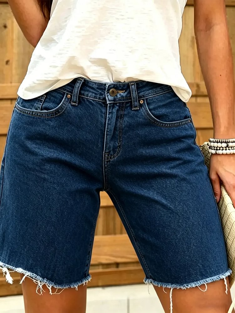 Women's Wash Denim Frayed Hem Bermuda Shorts