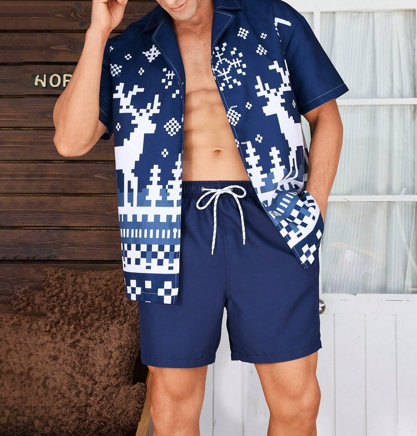 Men's Classic Casual Striped Digital Print Cuban Collar Shirt Shorts Two-Piece Set