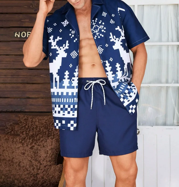 Men's Classic Casual Striped Digital Print Cuban Collar Shirt Shorts Two-Piece Set