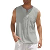Men's Casual Lace-Up Neck Chest Pocket Sleeveless Vest Tank Top by Inlyline