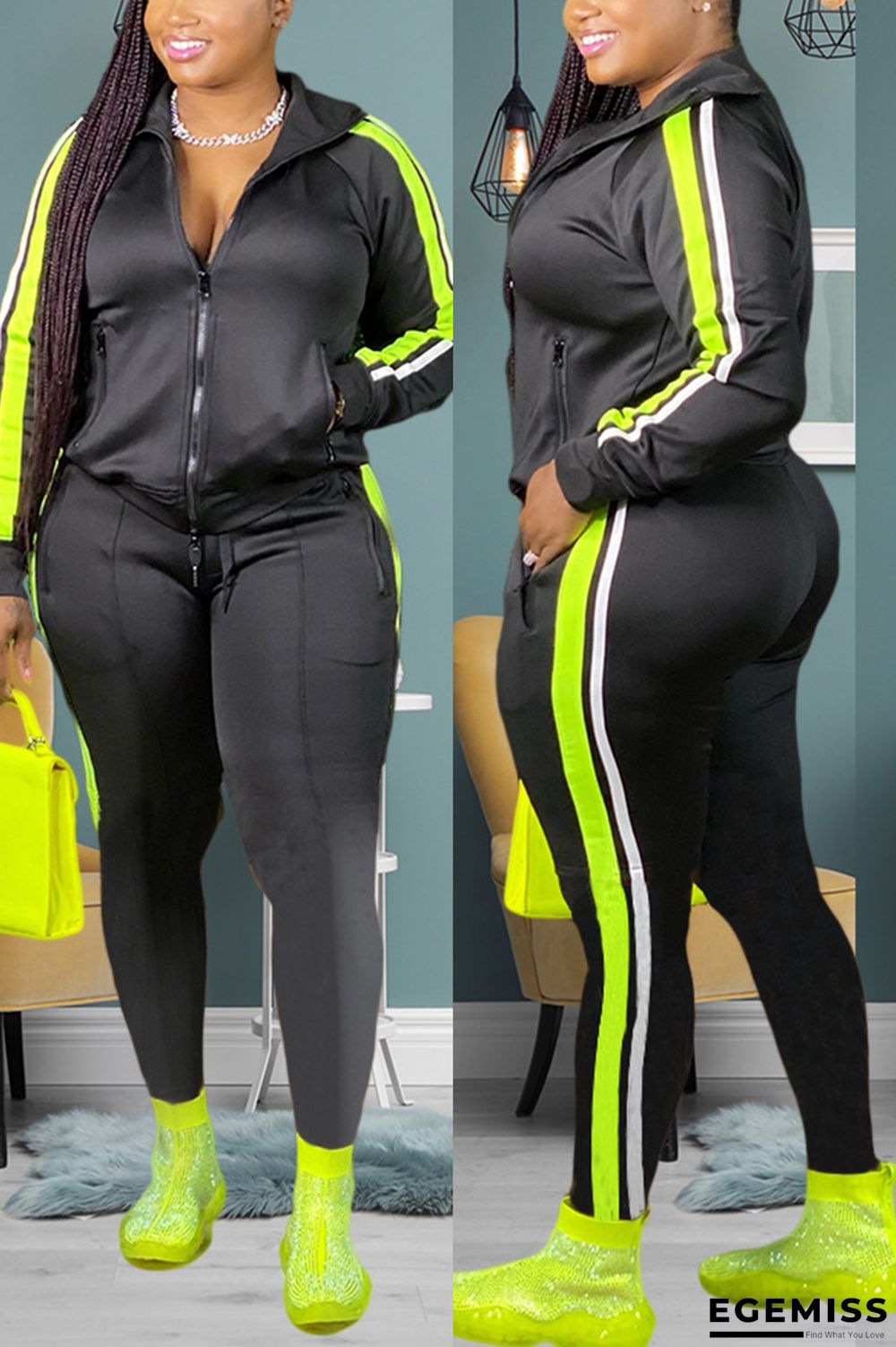 Black Fashion Casual Zipper Collar Long Sleeve Regular Sleeve Patchwork Plus Size Set | EGEMISS