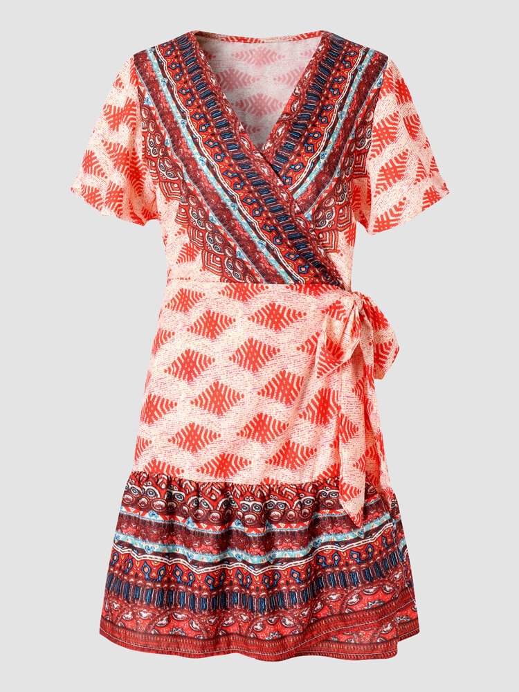 Bohemian Printed Wrap V-neck Short Sleeve Mini Dress - Shop Trendy Women's Clothing | LoverChic