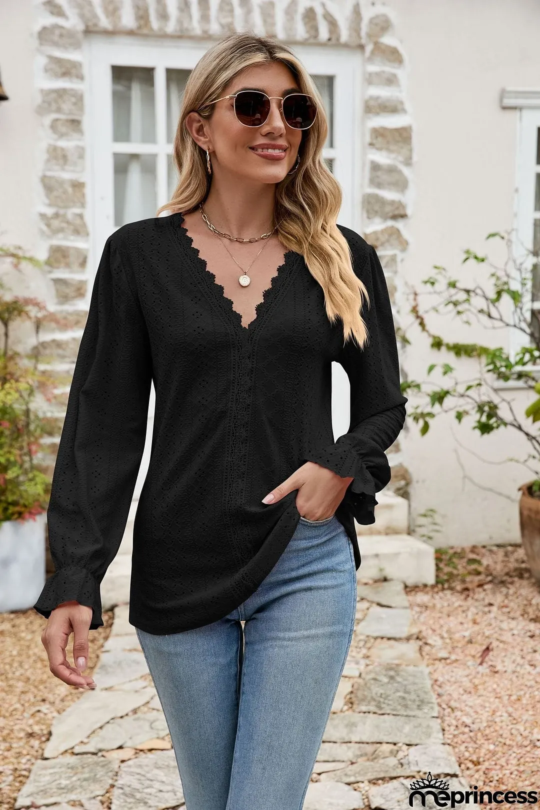 Eyelet Lace Trim Flounce Sleeve Blouse