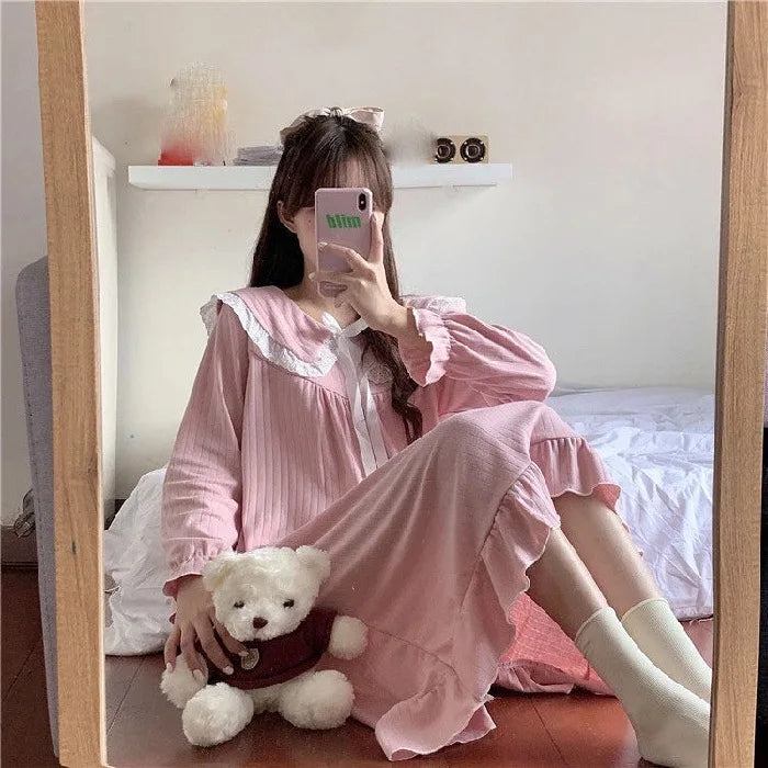 Ns Style Long-Sleeved Knee-Length Nightgown Women's Pajamas Spring And Fall Fairy Court Doll Collar Princess Style Homewear LANFUBEISI