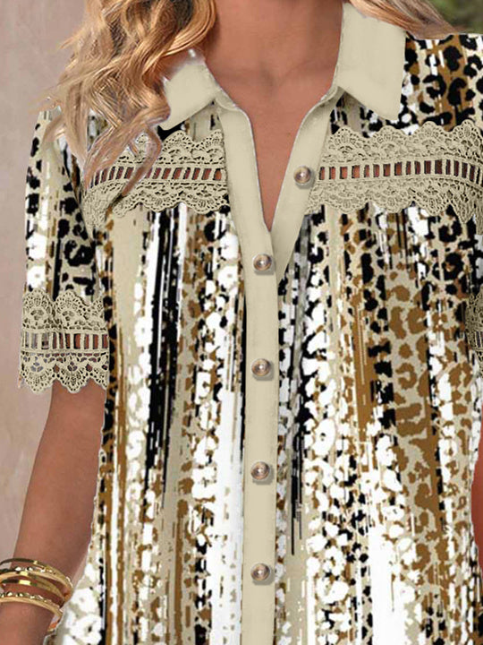 Women's Short Sleeve V-neck Lace Graphic Hollow Stitching Top