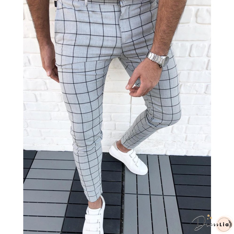 Men's Casual Plaid Pant Straight Sport Mens Pant Skinny Plaid Slim Fit Pants