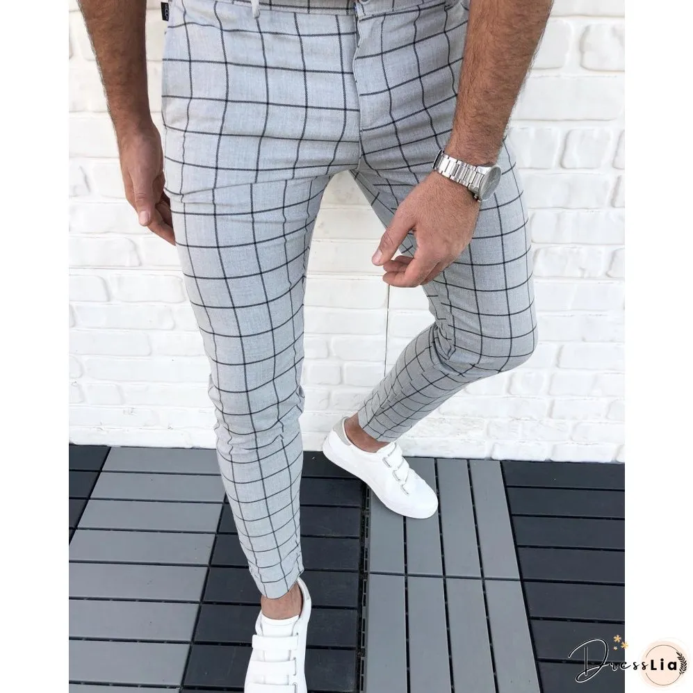 Men's Casual Plaid Pant Straight Sport Mens Pant Skinny Plaid Slim Fit Pants