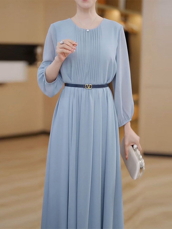 Pleated Sheer Balloon Sleeve Round Neck Solid Color Chiffon Maxi Dress