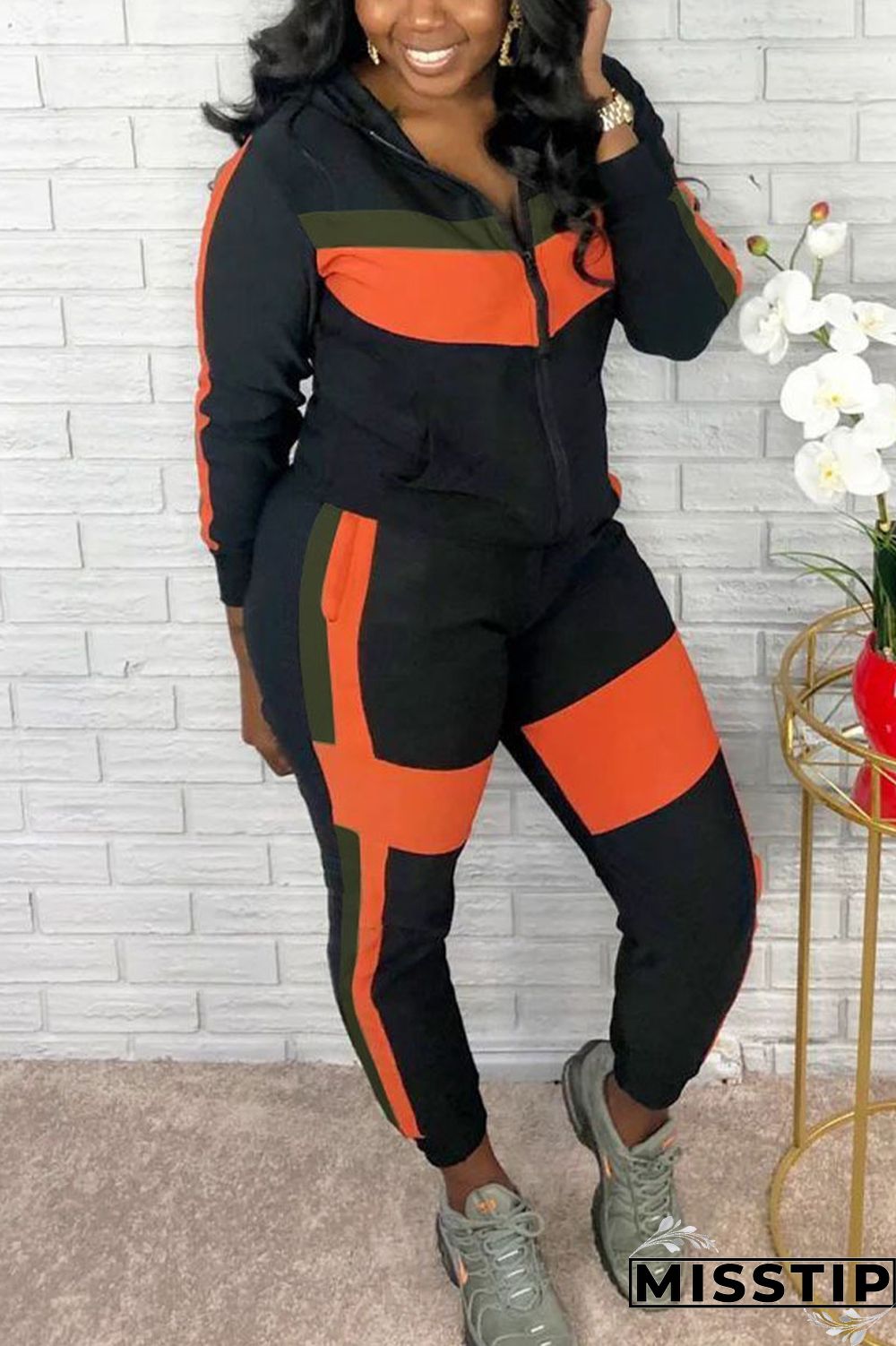 Orange Casual Patchwork Zipper Collar Long Sleeve Two Pieces