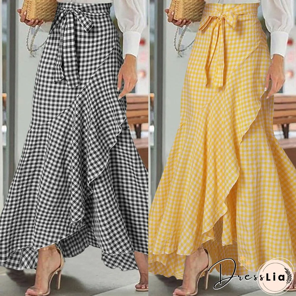 Womens Plaid Long Skirt Mermaid Dress Ruffled Irregular Hem High Waist Casual Umbrella Wrap Maxi Skirts Plus Size