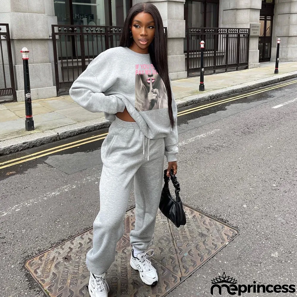 Plus Size Plush Print Sweatshirt And Pant Sport 2 Piece Set