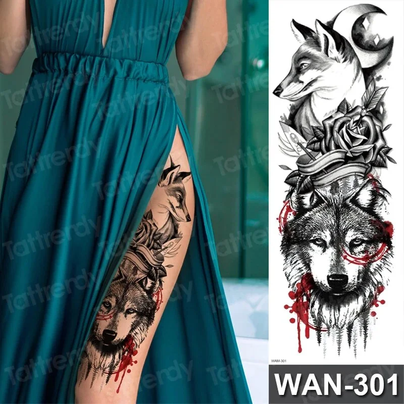 Sdrawing Size Leg Thigh Temporary Tattoo Stickers Full Arm Sleeve Wolf Carp Fox Peony Flower Fake Tattoo Sleeves Sexy Body Painting