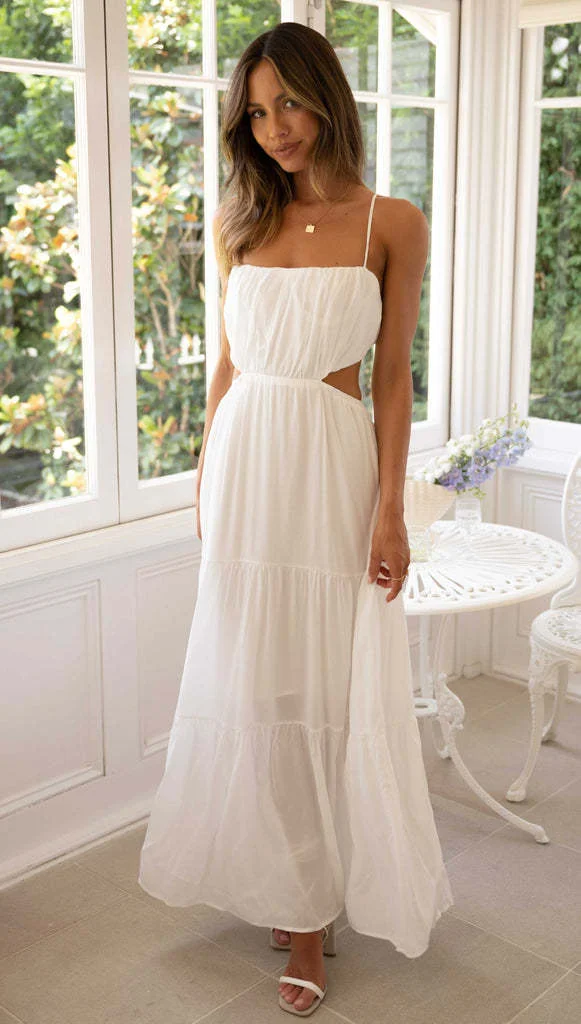 Vacation Style Splicing Open-waist Suspender Maxi Dress - yankia