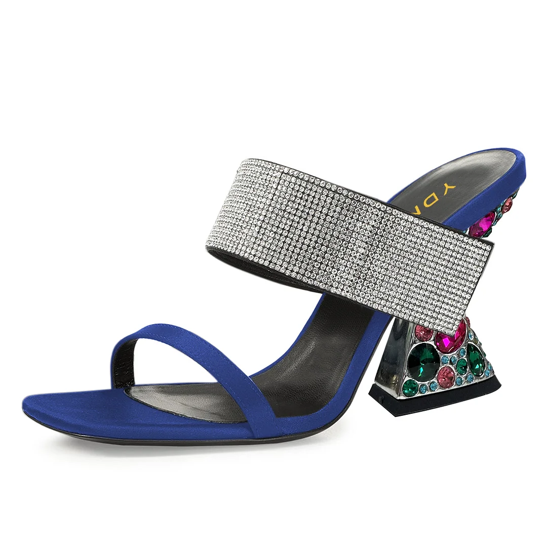 Satin Rhinestone Embellished Mules with Sculptural Heel in Navy Blue