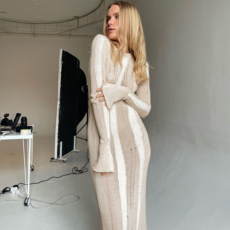 Ootddress Knitwear Hollow Out Solid Maxi Dress For Women See-Through High Waist Loose Knit Autumn Dress Fashion Elegant Party Dress