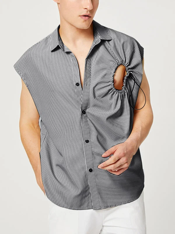 Aonga - Mens Striped Cutout Drawstring Pleated Sleeveless Shirt