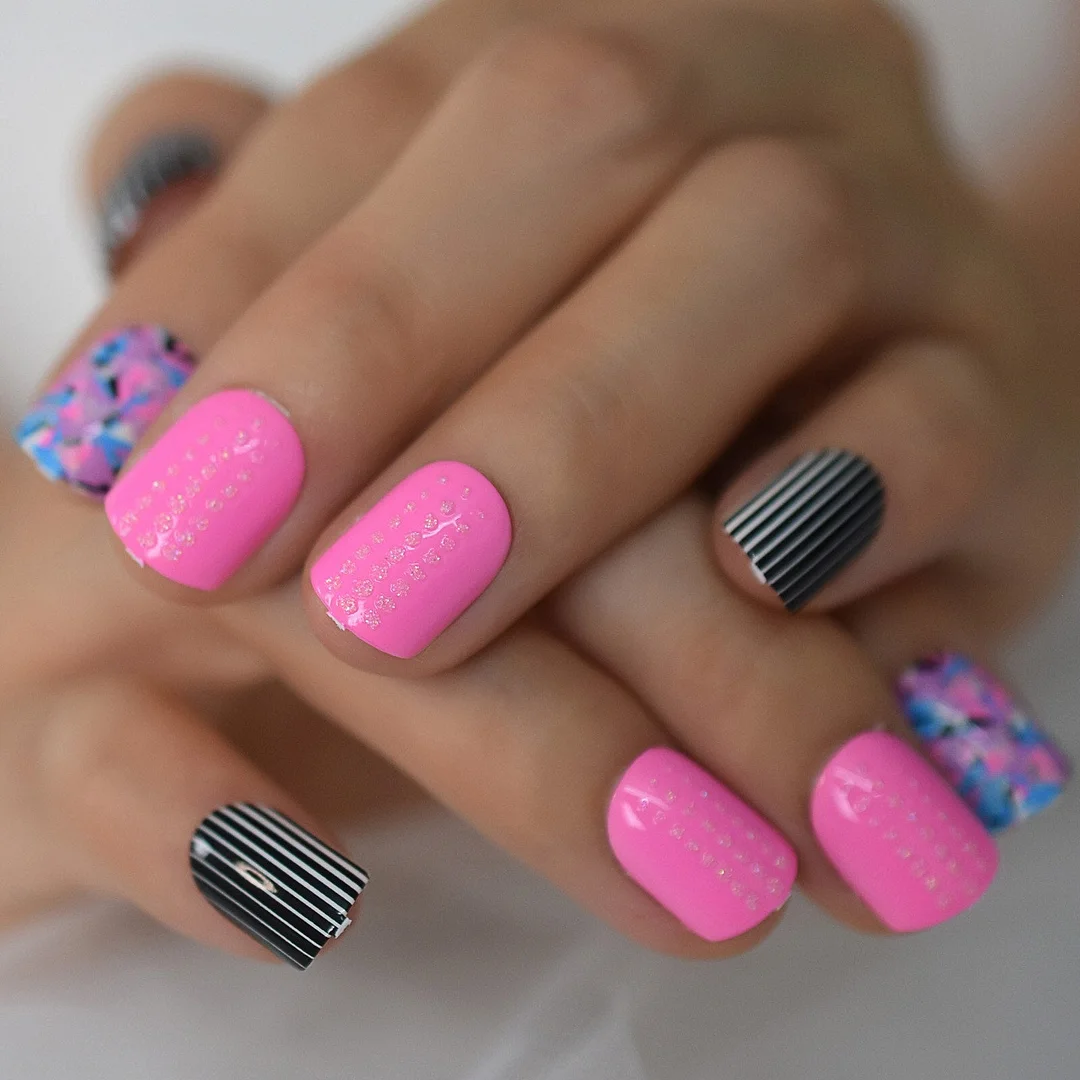 Colorful Mix&Match Crushing Pinkie Line Simple Design Press On Nails Froms Squoval Stick On Nails No Glue Supplies trendy EchiQ-Nail Inspo